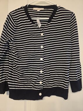 LOFT Black & White Striped Button-Front Sweater